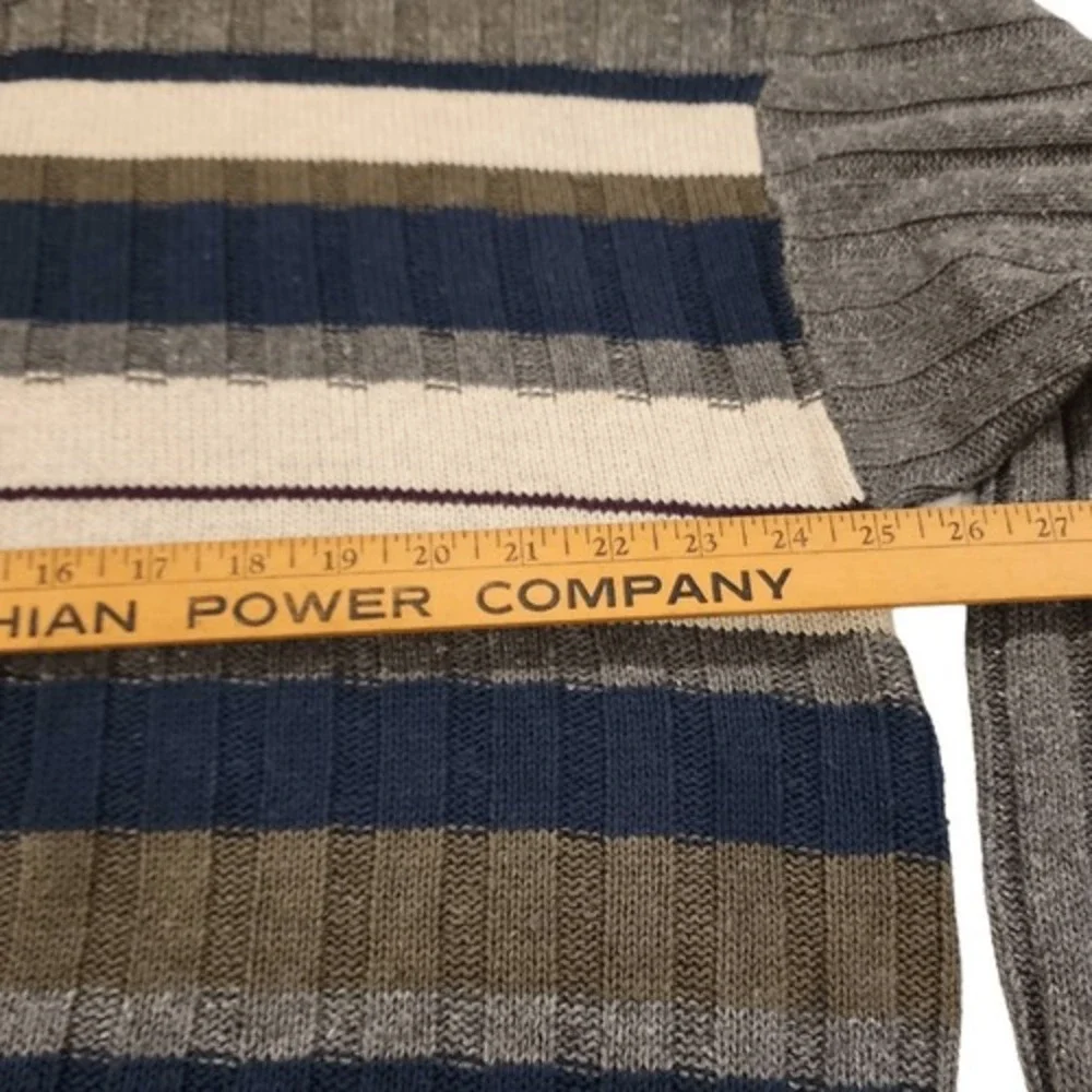 Savile Row Mens Large Striped Ribbed‎ Knit Sweater Grey Navy Ramie Cotton Blend